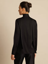 [Zwart] SilkSilky-NL 19Momme Lange Mouw Strikhals Blouse 002