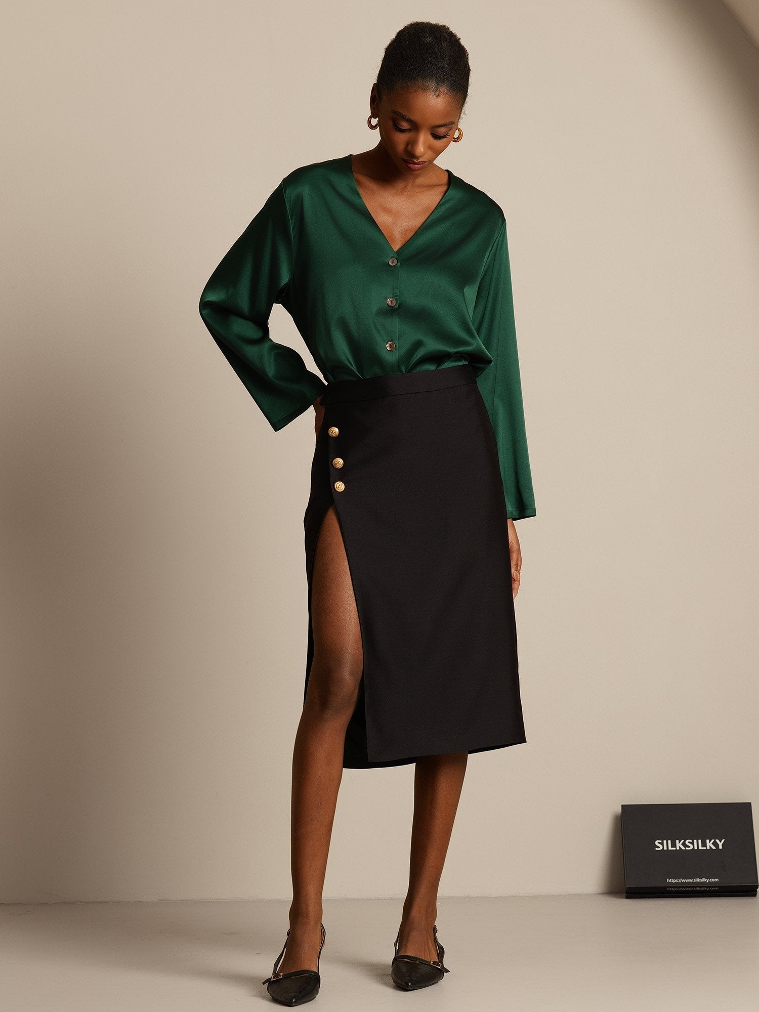 [Zwart] SilkSilky-NL 32Momme Silk-Wool Blend Skirt 008,