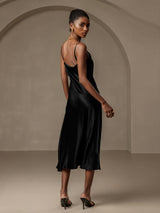 [Zwart] SilkSilky-NL Spaghetti Bandjes Waterval Hals Jurk 002