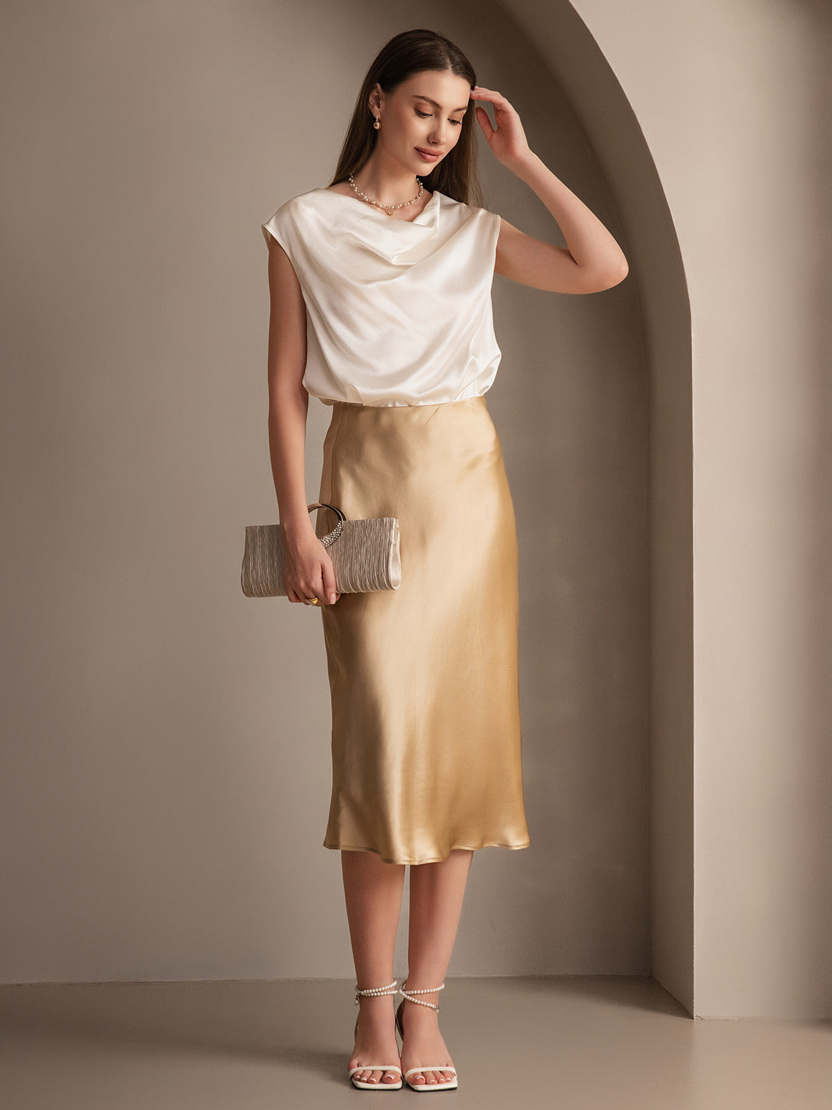 SilkSilky-NL 19Momme Skirt Champagne 005