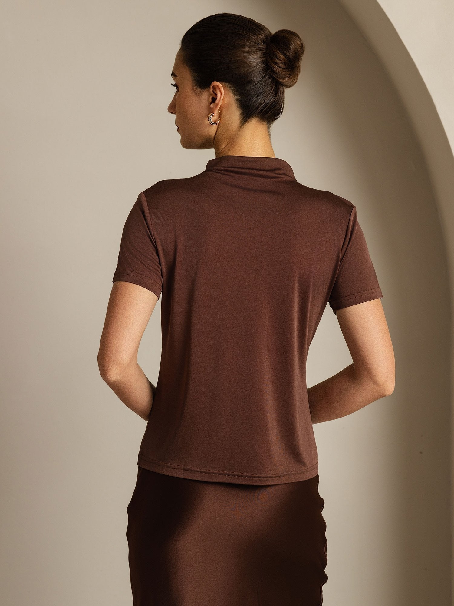 [Koffie] SilkSilky-NL Zijde Kraag Dames T-Shirt 002