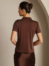 [Koffie] SilkSilky-NL 100% Silk Jersey Short Sleeve Mock Neck Dames T-Shirt 002