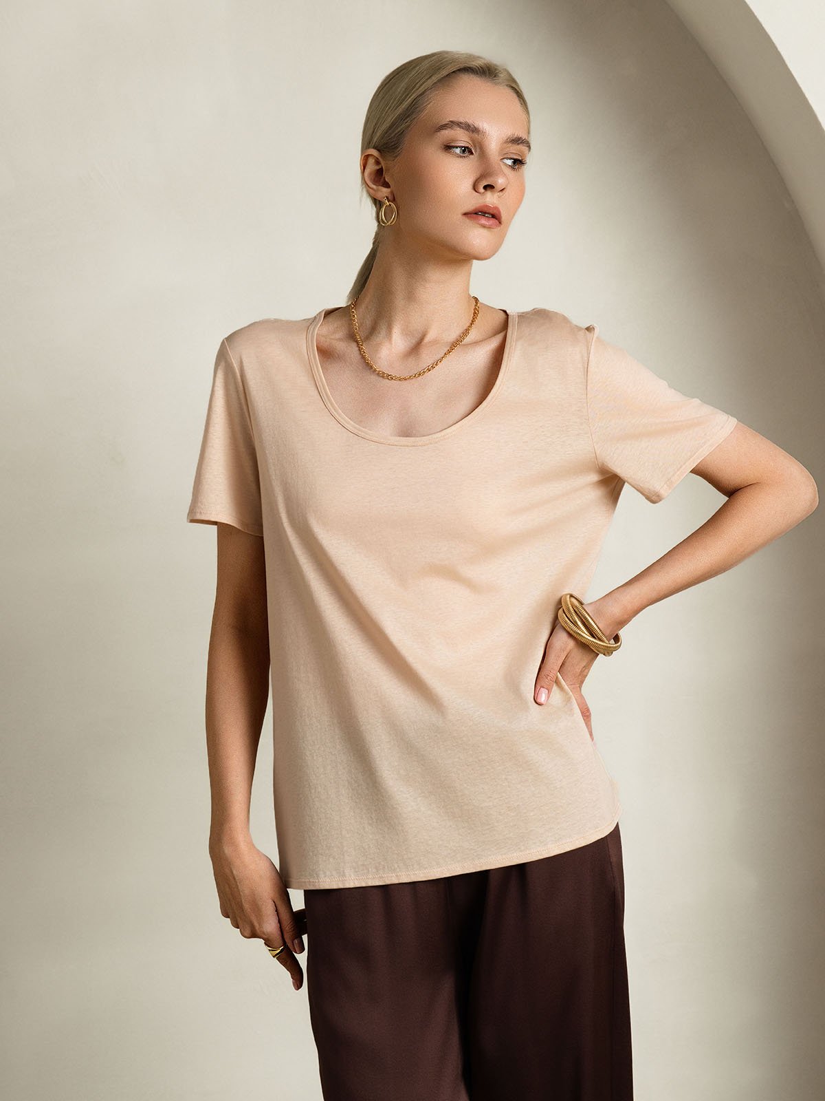 SilkSilky-NL Zijde Korte Mouw U-hals Dames T-Shirt Beige 004