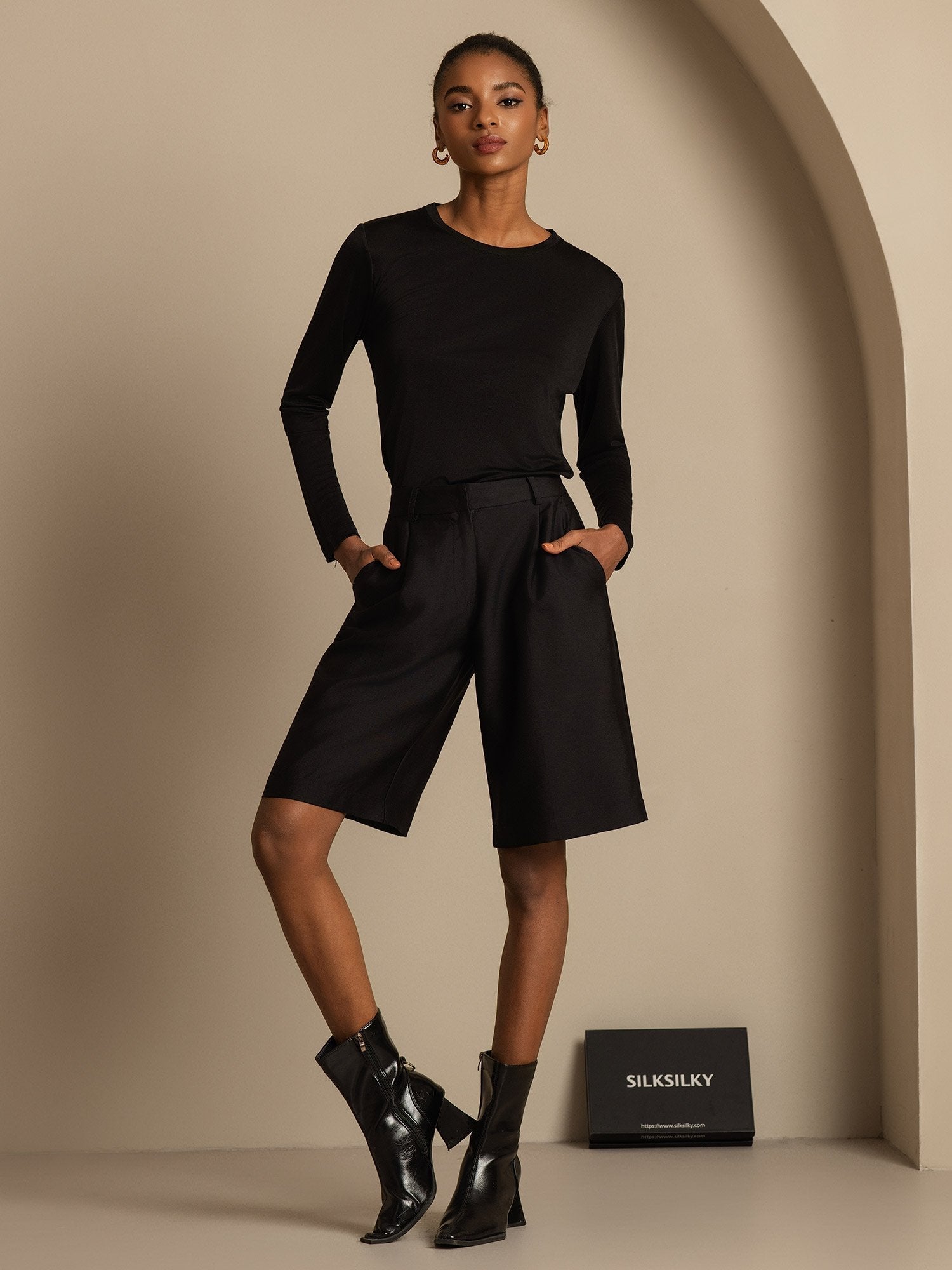 [Zwart] SilkSilky-NL 32Momme Silk-Wool Blend Womens Shorts 005,