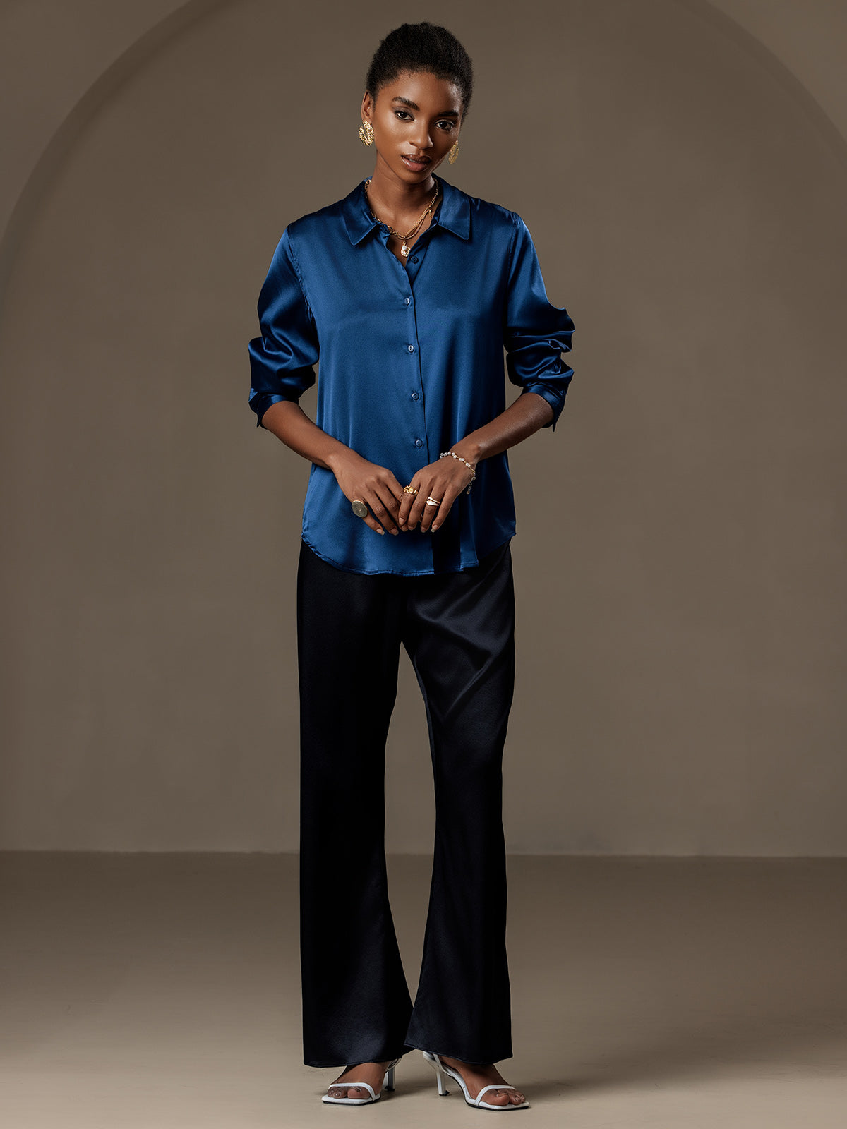 [Koningsblauw] SilkSilky-NL Zijde Lange Mouw Kraag Dames Blouse 005