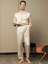 [Tan] SilkSilky-NL Pure Silk Lange Mouw Revers Heren Pyjama Set 010
