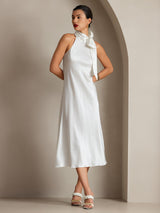 [Wit] SilkSilky-NL 19Momme Stretch Silk Charmeuse Sleeveless Tie Neck Jurk 006