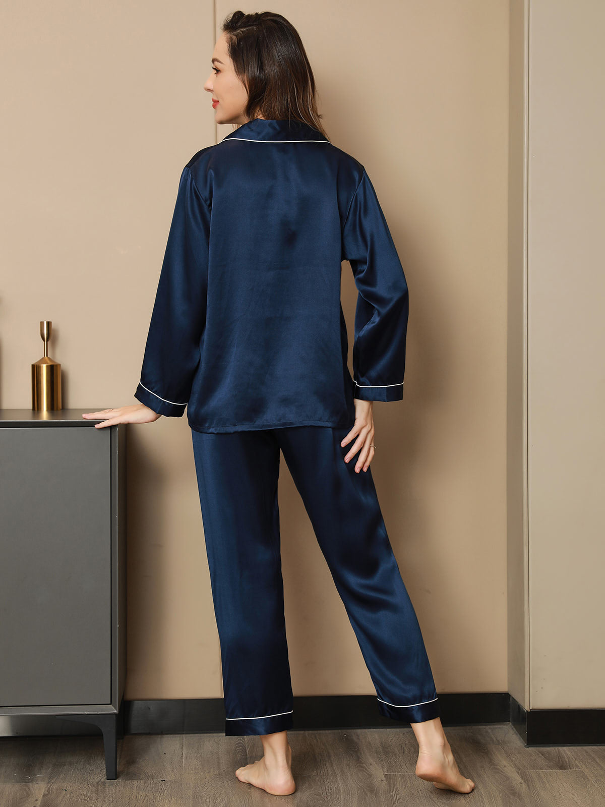 [Donkerblauw] SilkSilky-NL Pure Silk Lange Mouw Revers Dames Pyjama Set 003