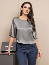[Donkergrijs] SilkSilky-NL Halve Mouw Diepe Ronde Hals Dames T-Shirt 005