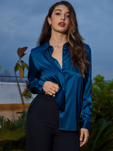 [Koningsblauw] SilkSilky-NL Long Sleeve Lapel Collar Dames Blouse 005