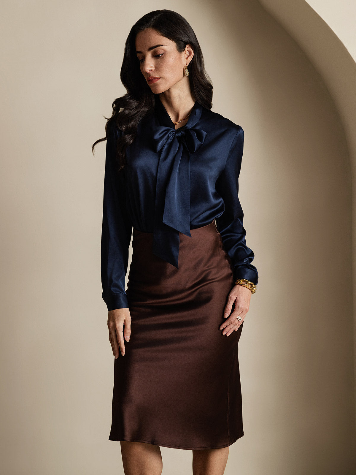 [Donkerblauw] SilkSilky-NL 19Momme Zijde Lange Mouw Binda Hals Dames Blouse 005
