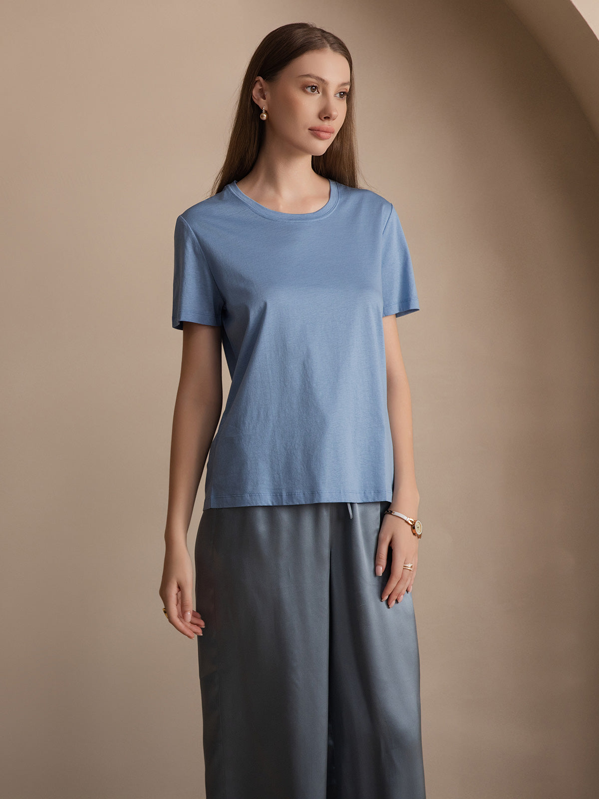 [Blauw] SilkSilky-NL Zijde Gebreid Korte Mouw Ronde Hals Dames T-Shirt 001