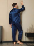 SilkSilky NL Pure Silk Lange Mouw Revers Heren Pyjama Set Donkerblauw 002