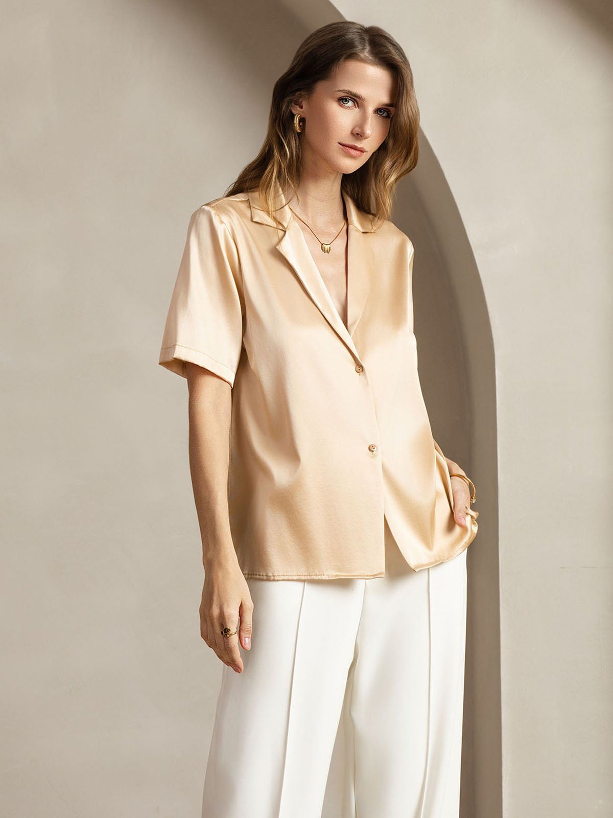 [Champagne] SilkSilky-NL 19Momme Zijde Inkeping Dames Blouse 005