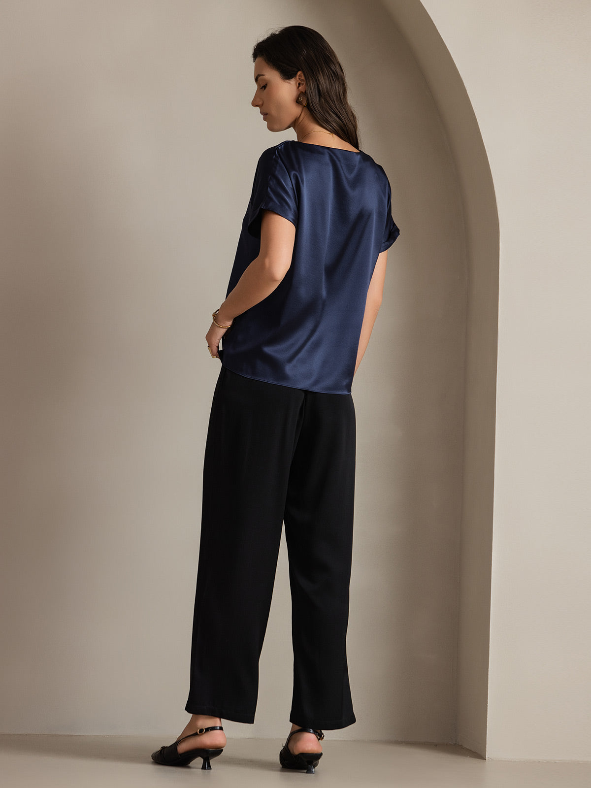 [Donkerblauw] SilkSilky-NL 19Momme Zijde Ronde Hals Dames T-Shirt 002