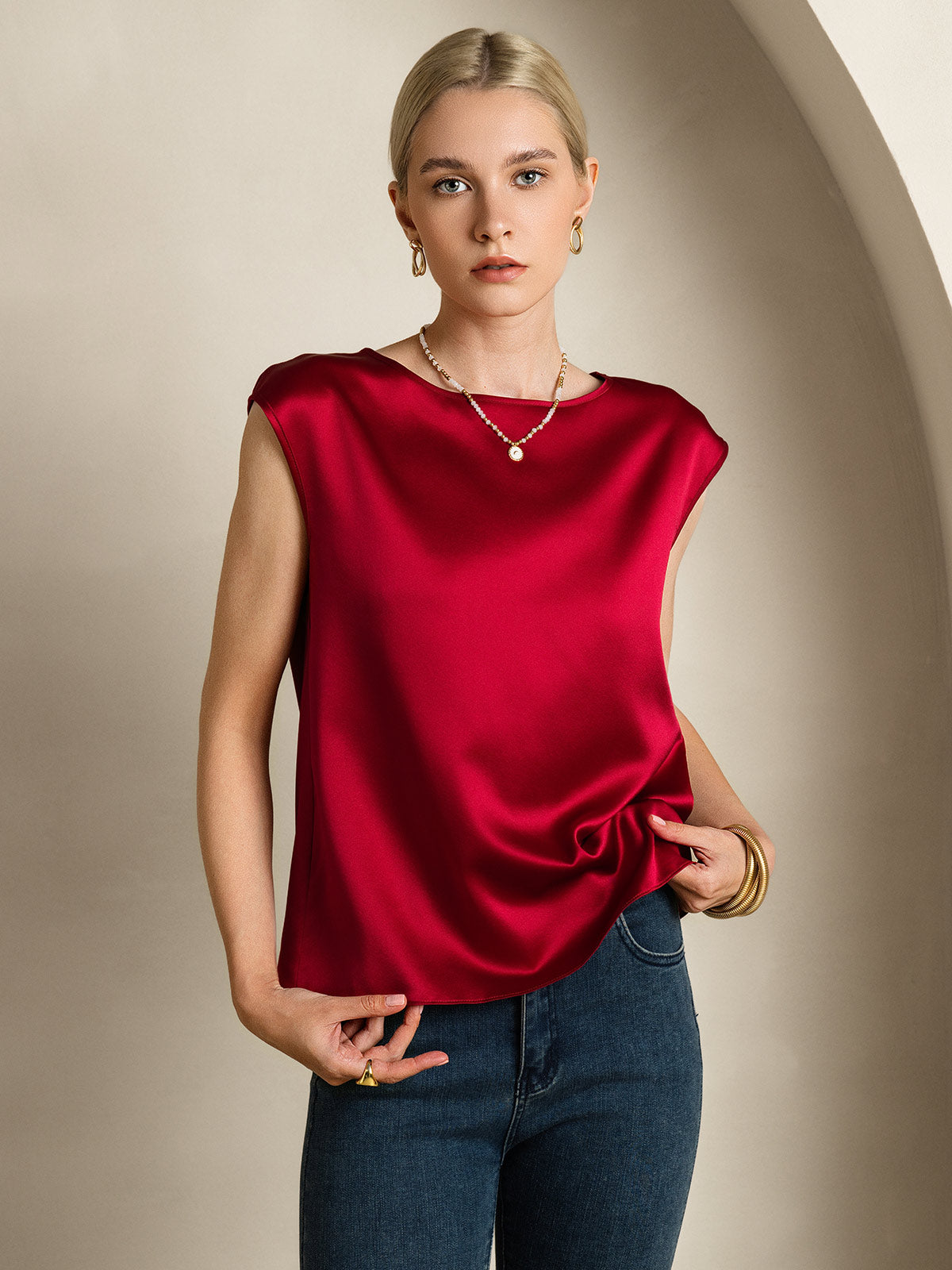 [Wijn] SilkSilky-NL 19Momme Zijde Ronde Hals Dames T-Shirt 005