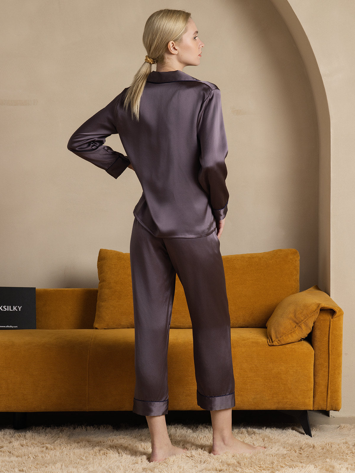 [Paars Grijs] SilkSilky-NL Pure Silk Lange Mouw Revers Dames Pyjama Set 002