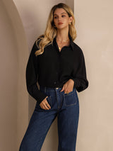 [Zwart] SilkSilky-NL Long Sleeve Lapel Collar Dames Blouse 005