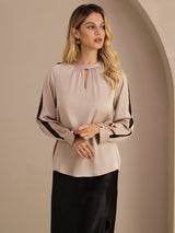 [Tan] SilkSilky-NL Long Sleeve Keyhole Neck Blouse 003