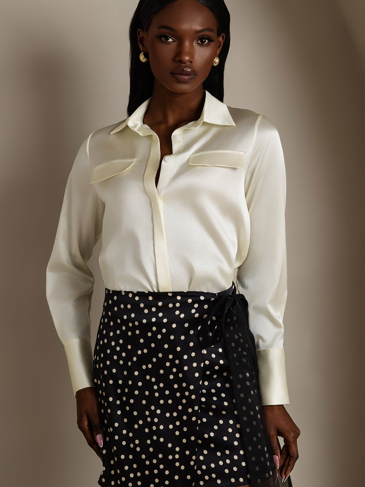 SilkSilky-NL 19Momme Zijde Lange Mouw Kraag Dames Blouse Ivoor 004