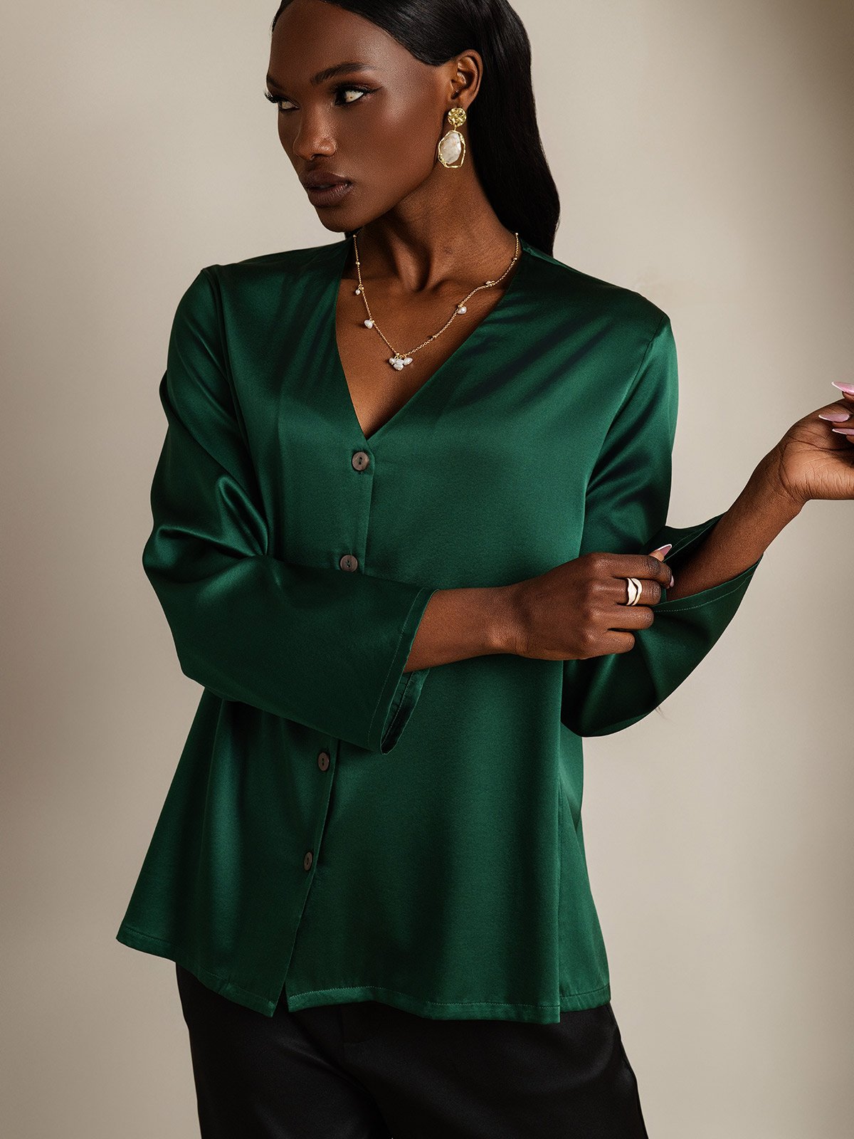 [Donkergroen] SilkSilky-NL 19Momme Zijde V-Hals Dames Blouse 003
