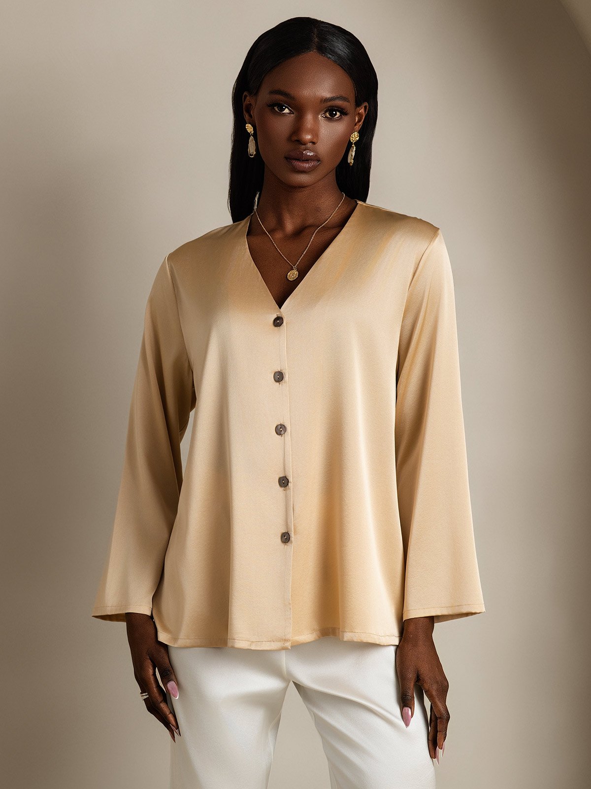 [Champagne] SilkSilky-NL 19Momme Zijde V-Hals Dames Blouse 003