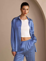 [Blauwe Krijtstreep] SilkSilky-NL Long Sleeve Lapel Collar Women's Outfit Sets 005