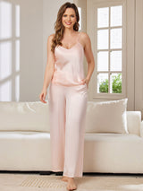 [Roze] SilkSilky-NL Spaghetti Bandjes V Hals Cami-Set 003