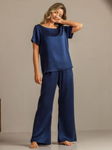 [Donkerblauw] SilkSilky-NL 19Momme Korte Mouw Dames Pyjama Set 006