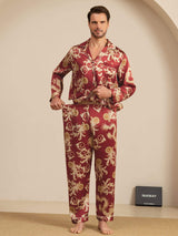 [Wijnrode Draak] SilkSilky-NL Long Sleeve Notch Collar Heren Pyjama Set 004
