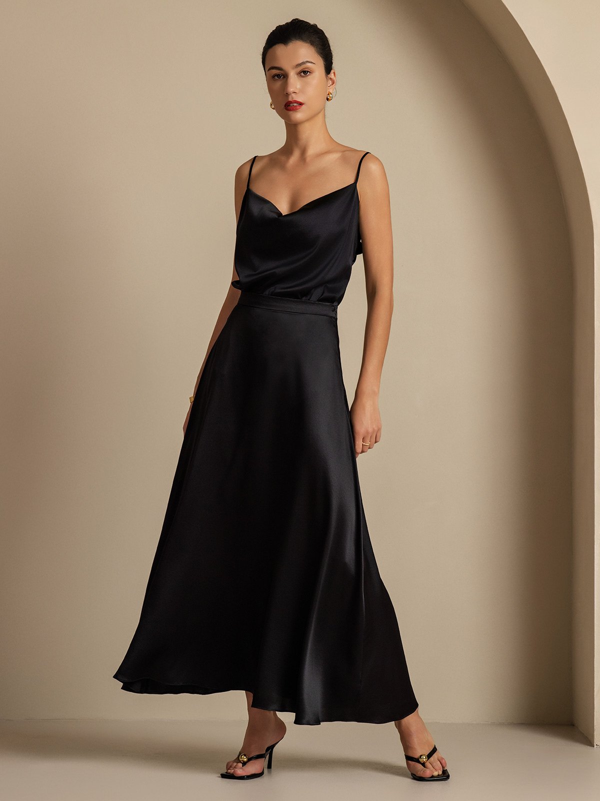 [Zwart] SilkSilky-NL 19Momme Spaghetti Bandjes Waterval Hals Women''s Outfit Sets 009