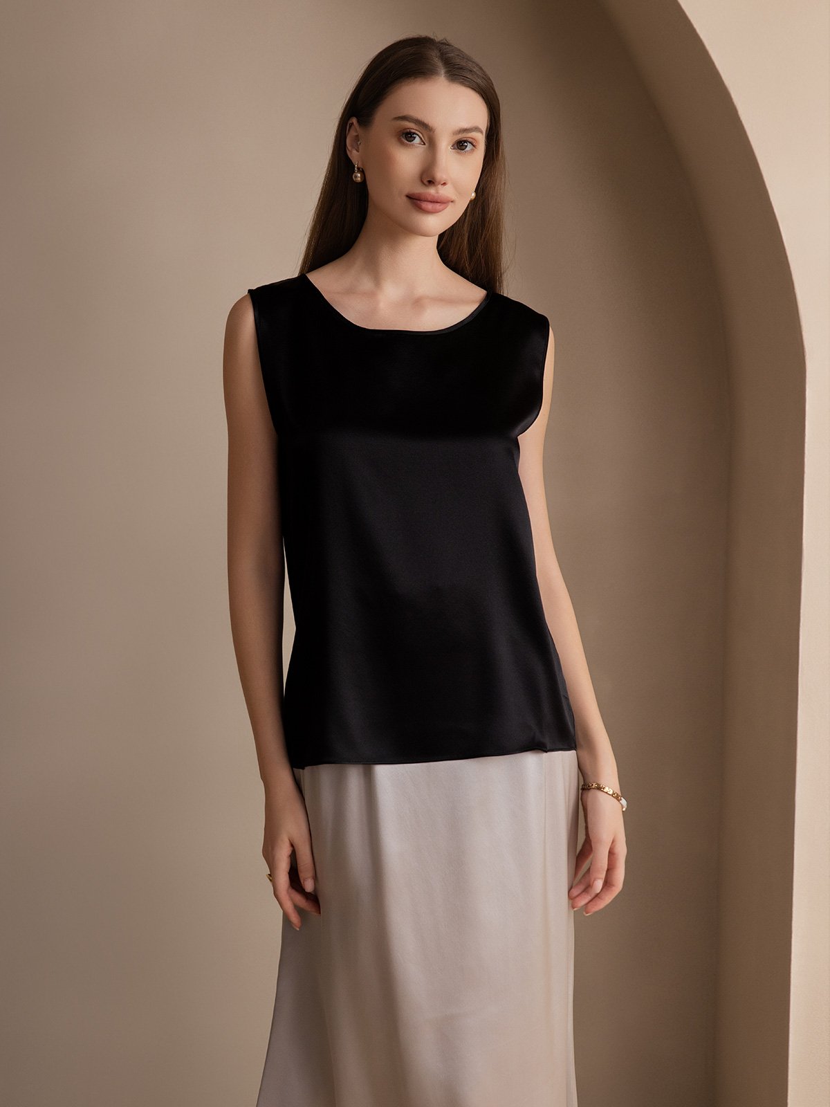 [Zwart] SilkSilky-NL 19Momme Zijde Ronde Hals Cami-Top 001