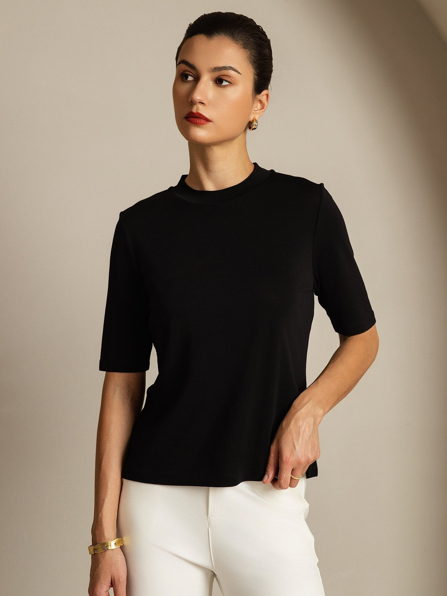 [Zwart] SilkSilky-NL Zijde Ronde Hals Dames T-Shirt 006