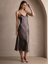[Donkerkaki] SilkSilky-NL Spaghetti Strap V Neck Jurk 007