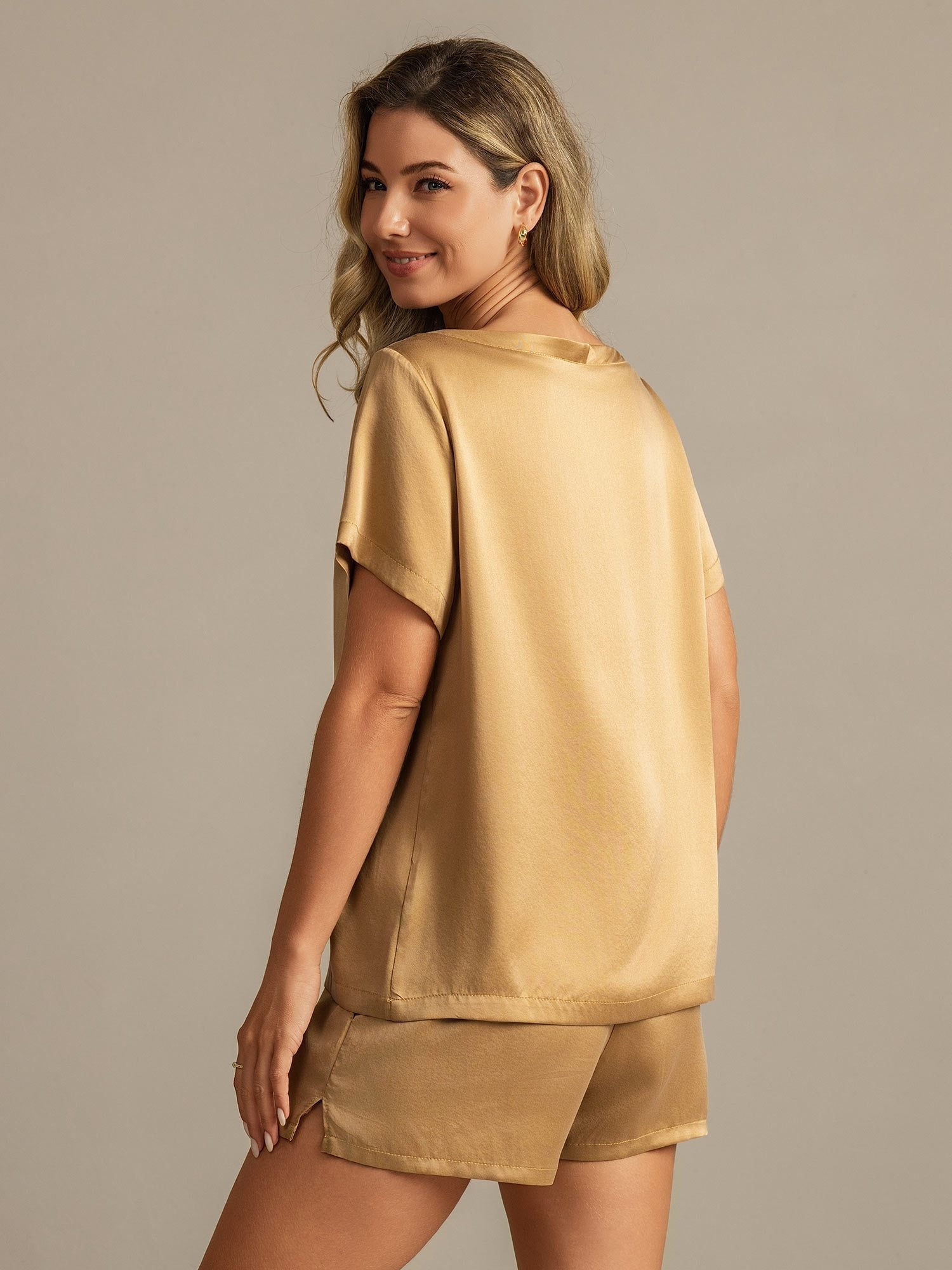 [Tan] SilkSilky-NL 19Momme Zijde Ronde Hals Dames Pyjama Set 002,