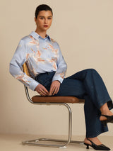 [Lichtblauw] SilkSilky-NL Long Sleeve Lapel Collar Dames Blouse 005