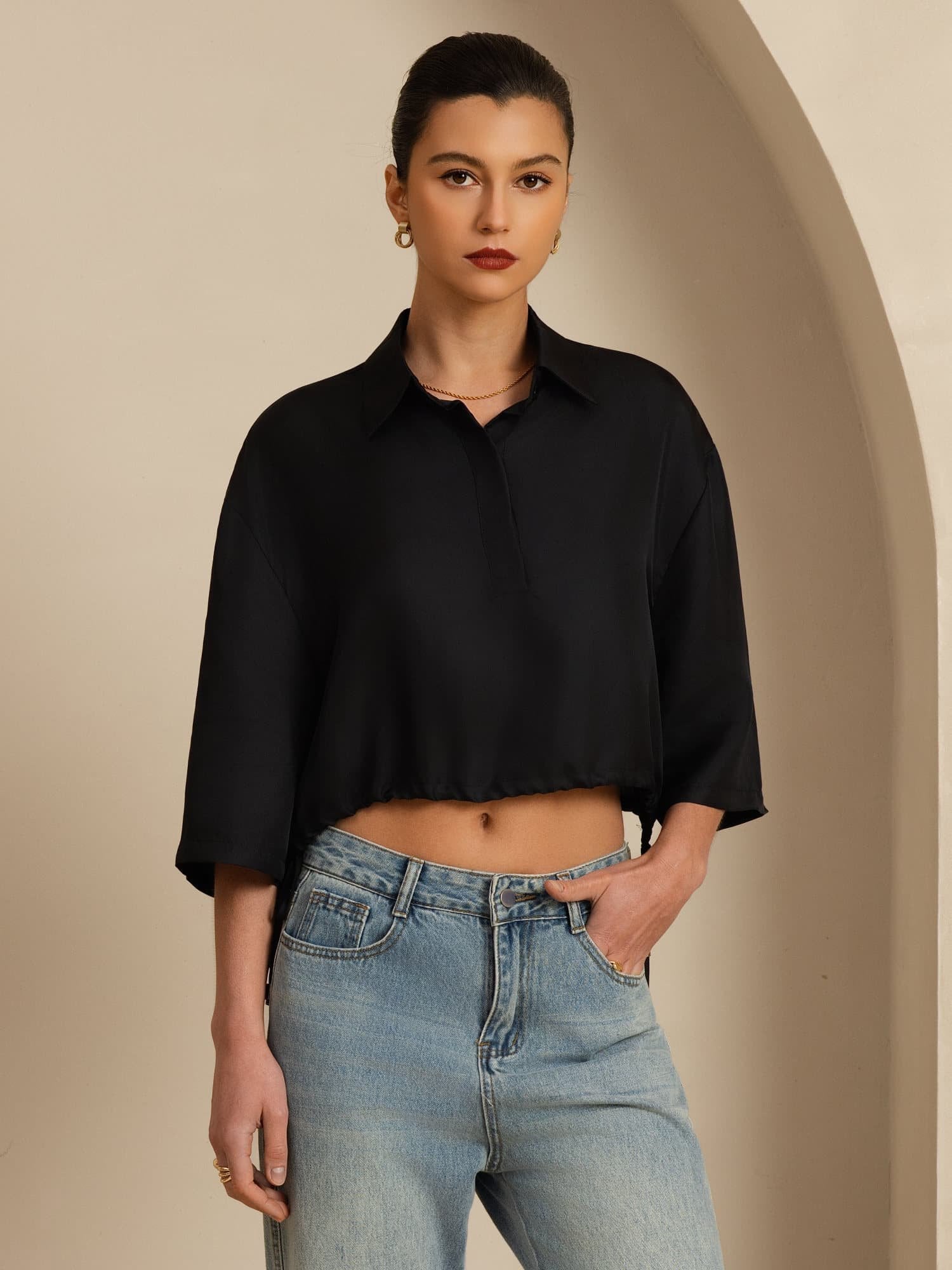 [Zwart] SilkSilky-NL 18Momme Halve Mouw Reverskraag Blouse 004