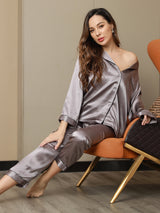 [Grijs] SilkSilky-NL Lange Mouw Notchkraag Dames Pyjama Set 009