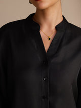 [Zwart] SilkSilky-NL Long Sleeve Split Blouse 005