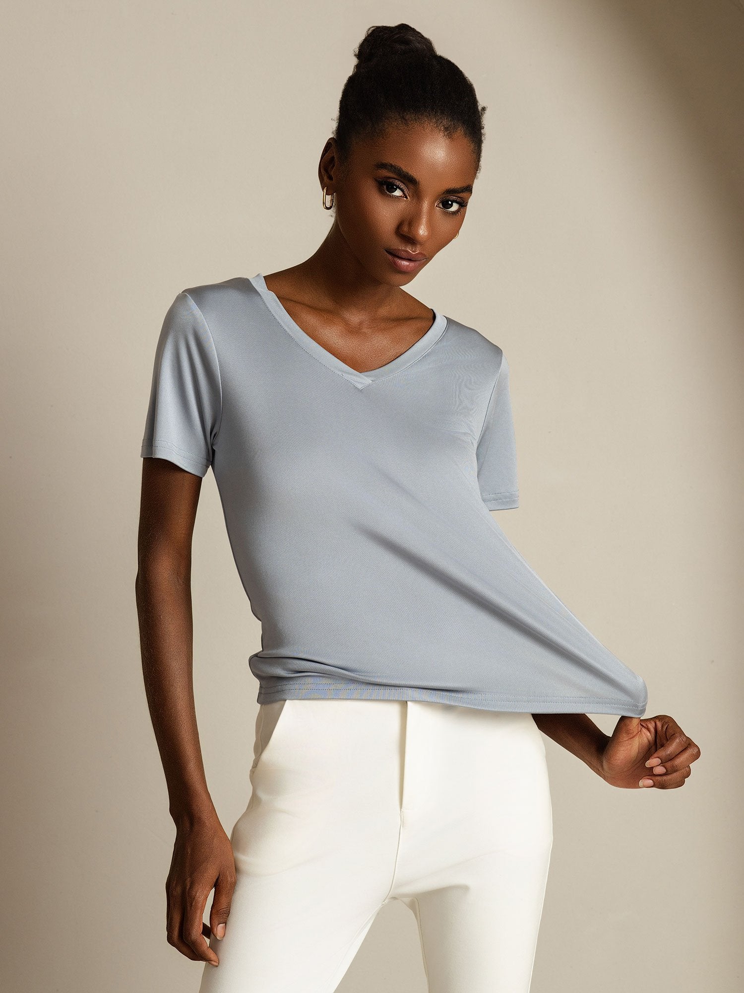 [Lichtgrijs] SilkSilky-NL Zijde Womens T-Shirt 006