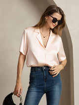[Roze] SilkSilky-NL Short Sleeve Lapel Collar Dames Blouse 005