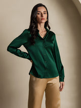 [Donkergroen] SilkSilky-NL 19Momme Lange Mouw Reverskraag Dames Blouse 001