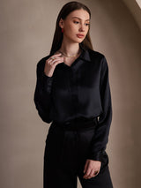[Zwart] SilkSilky-NL Long Sleeve Lapel Collar Dames Blouse 001