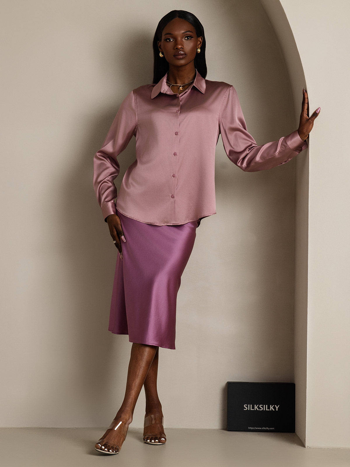 [Bleek Mauve] SilkSilky-NL Zijde Kraag Dames Blouse 007