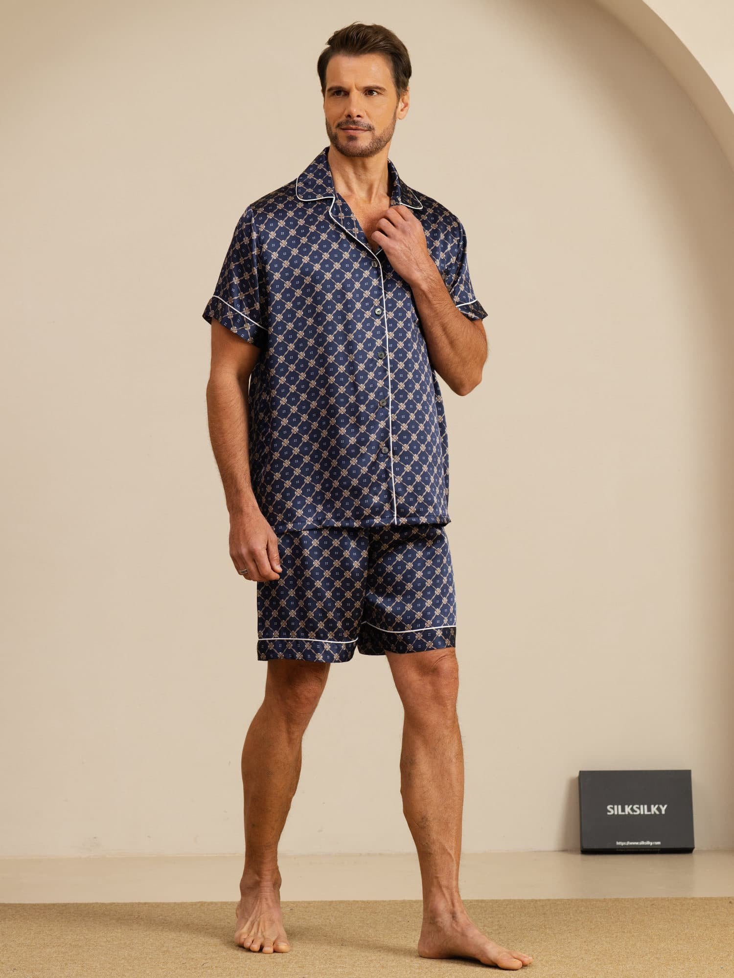 [Marine Ketting] SilkSilky-NL Korte Mouw Notchkraag Heren Pyjama Set 007