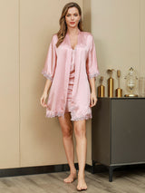 [Roze] SilkSilky-NL Pure Silk Halve Mouw Nightgown&Robe Set 002