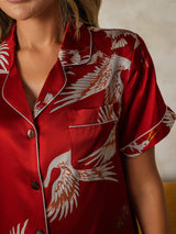 [Donkerrood] SilkSilky-NL Short Sleeve Lapel Collar Dames Pyjama Set 004