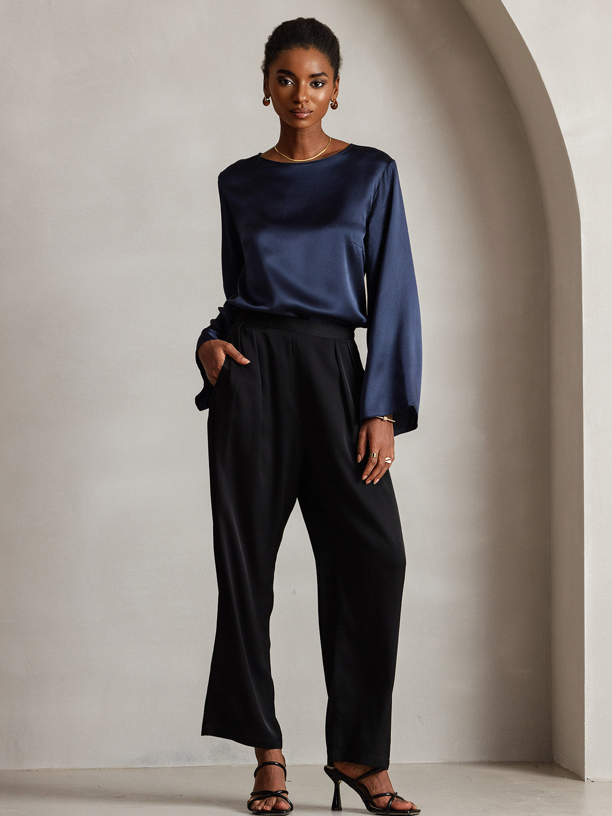 [Donkerblauw] SilkSilky-NL 19Momme Zijde Ronde Hals Dames T-Shirt 007,