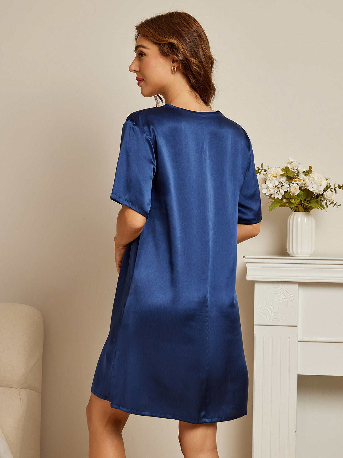 SilkSilky NLKorteMouwV HalsNachthemdDonkerblauw002