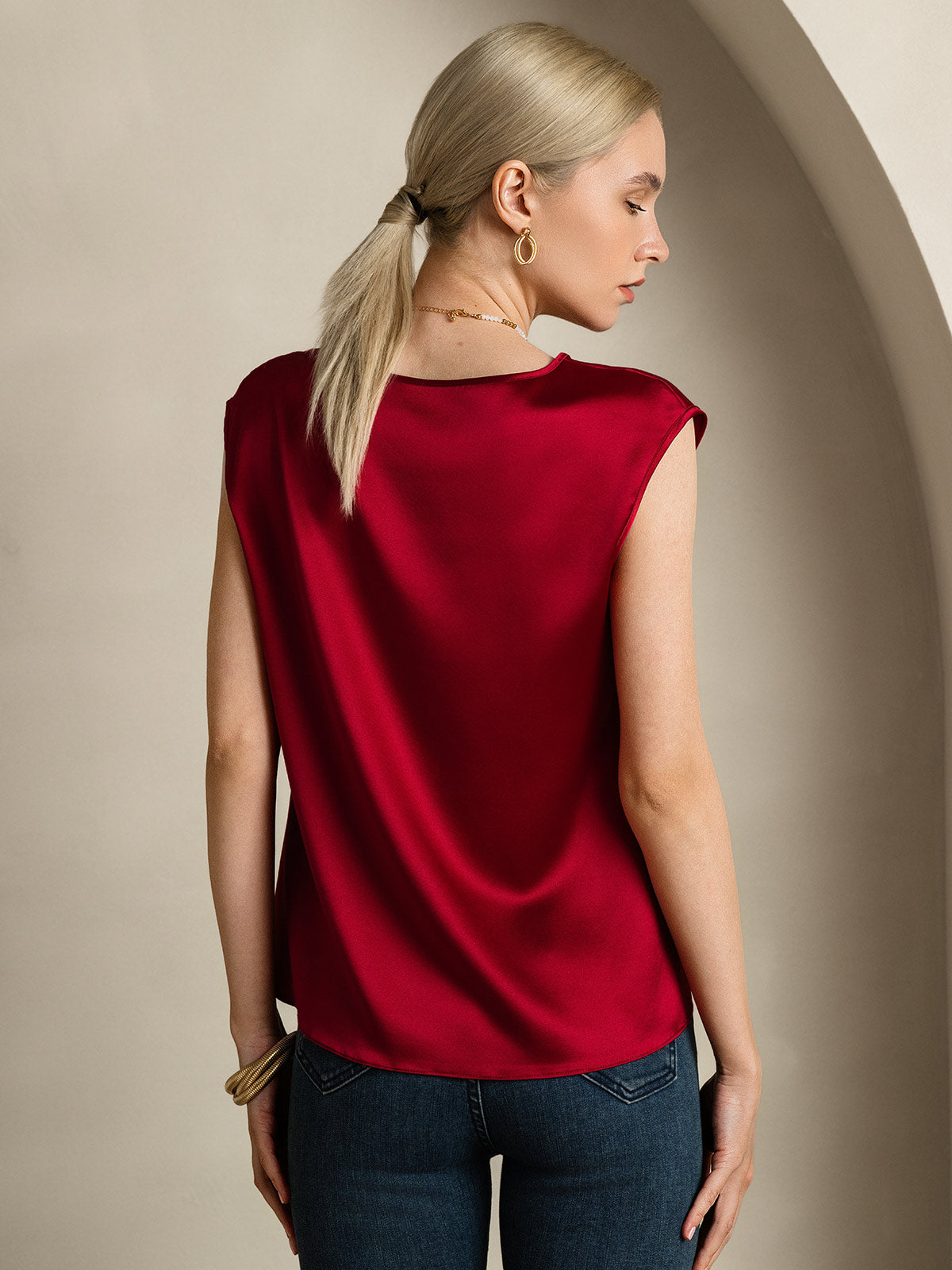 [Wijn] SilkSilky-NL 19Momme Zijde Ronde Hals Dames T-Shirt 002